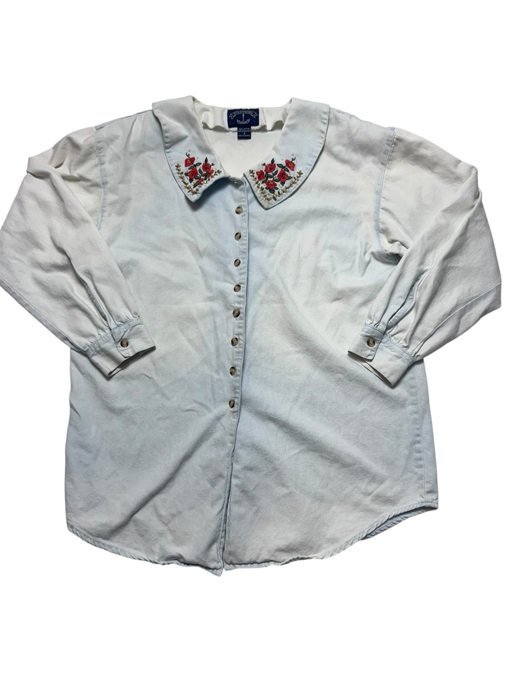 Vintage 90s Solutions Floral Embroidered Collar Cotton Blouse Shirt S - Picture 2 of 9